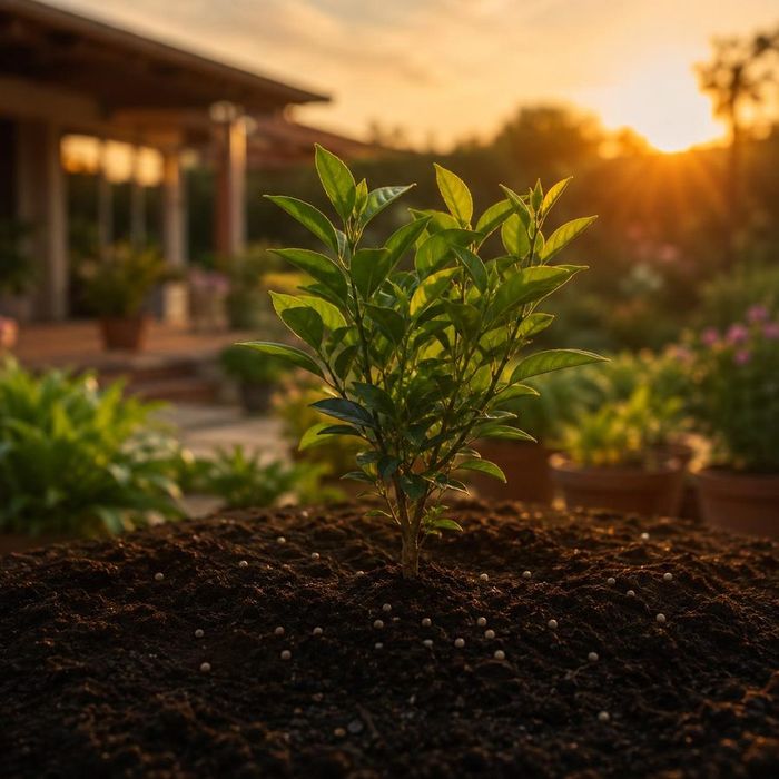 Planta joven recién abonada en el jardín